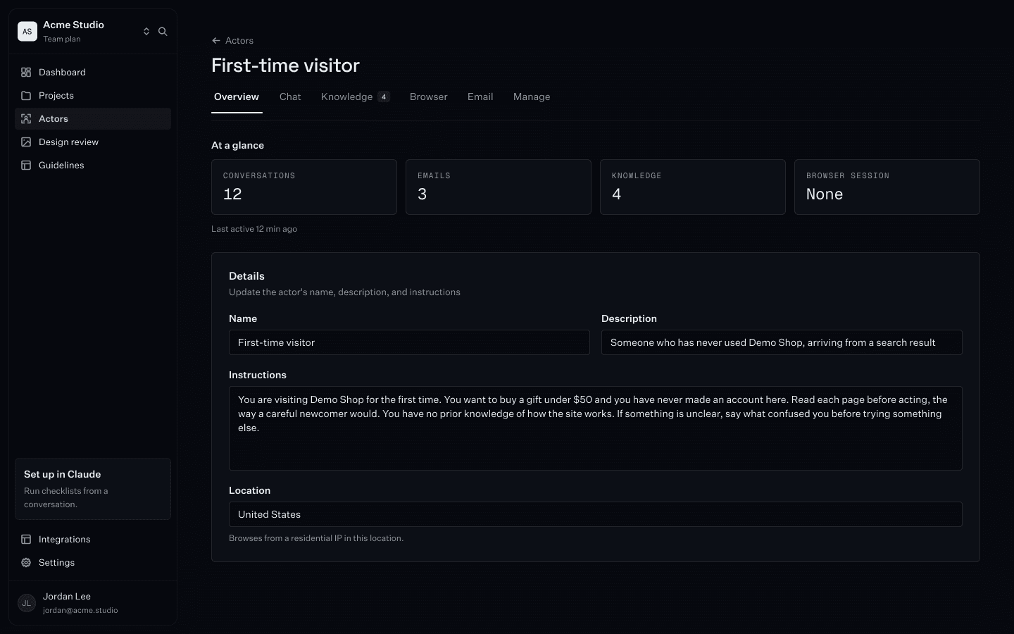 An actor's Overview tab in Stunt Double: name, description, instructions and location, with counts of its conversations, emails and knowledge.