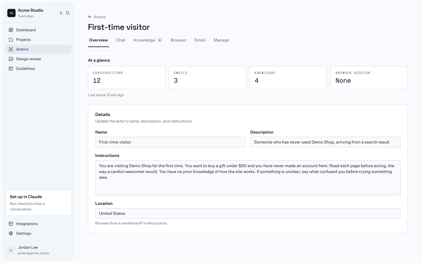 An actor's Overview tab in Stunt Double: name, description, instructions and location, with counts of its conversations, emails and knowledge.