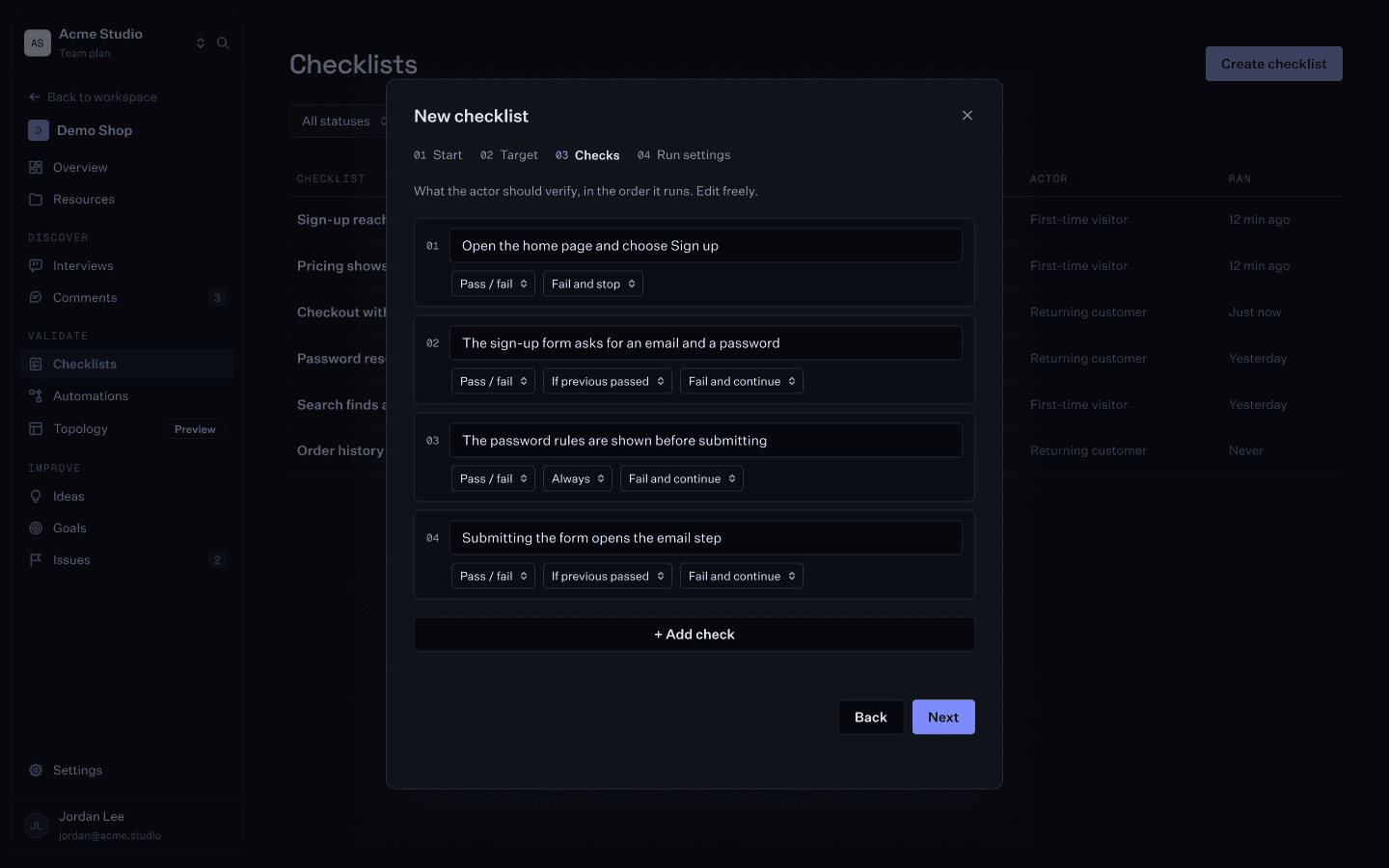 The new checklist dialog on its Checks step: four plain-language checks in order, each with a check type, when it runs and what happens on failure.