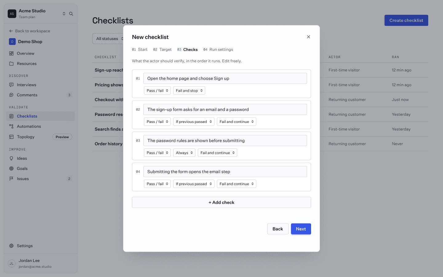 The new checklist dialog on its Checks step: four plain-language checks in order, each with a check type, when it runs and what happens on failure.