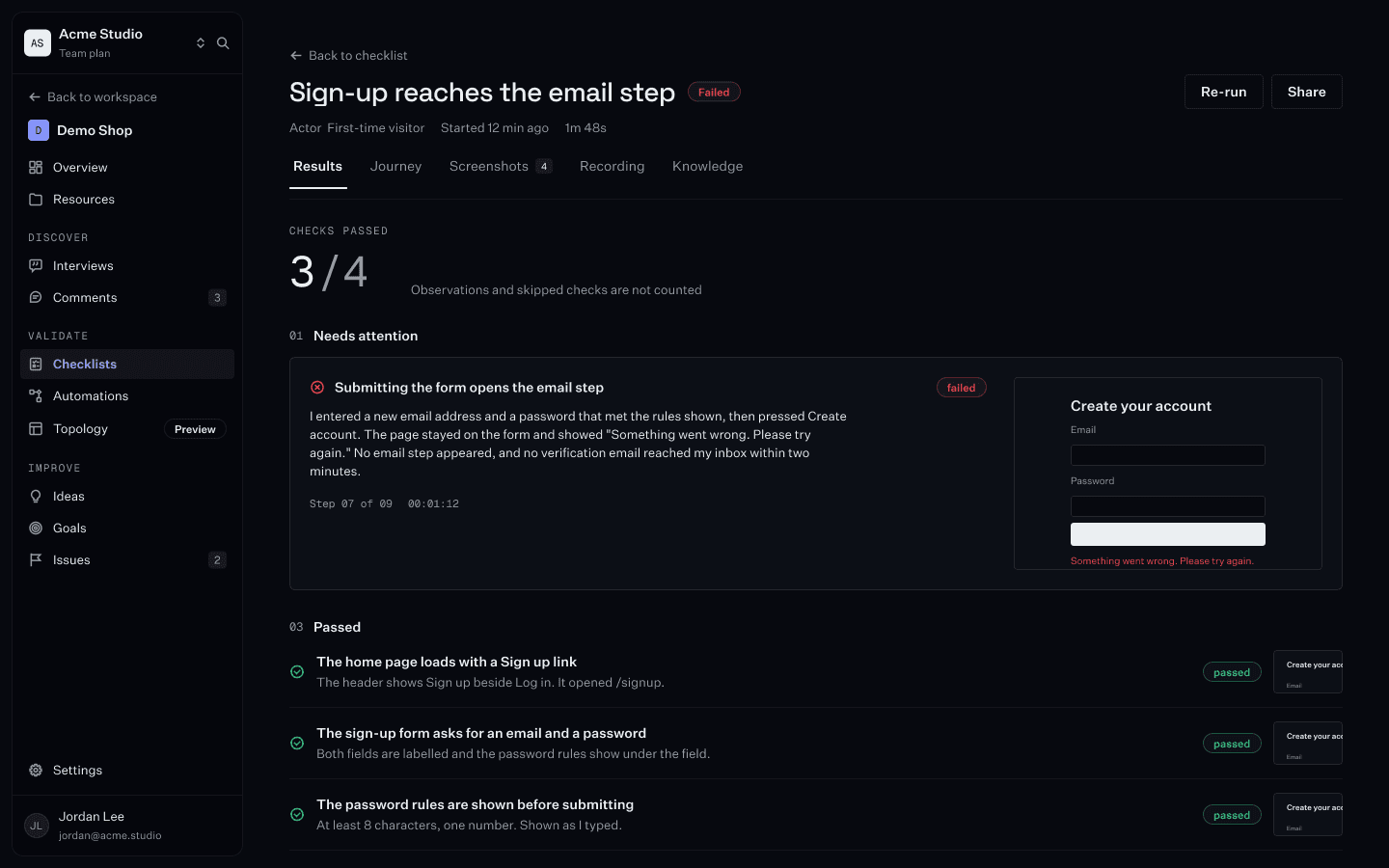 A checklist run report on the Results tab: checks passed shown as 3 of 4, the failed check with its evidence and screenshot, then the passed checks.