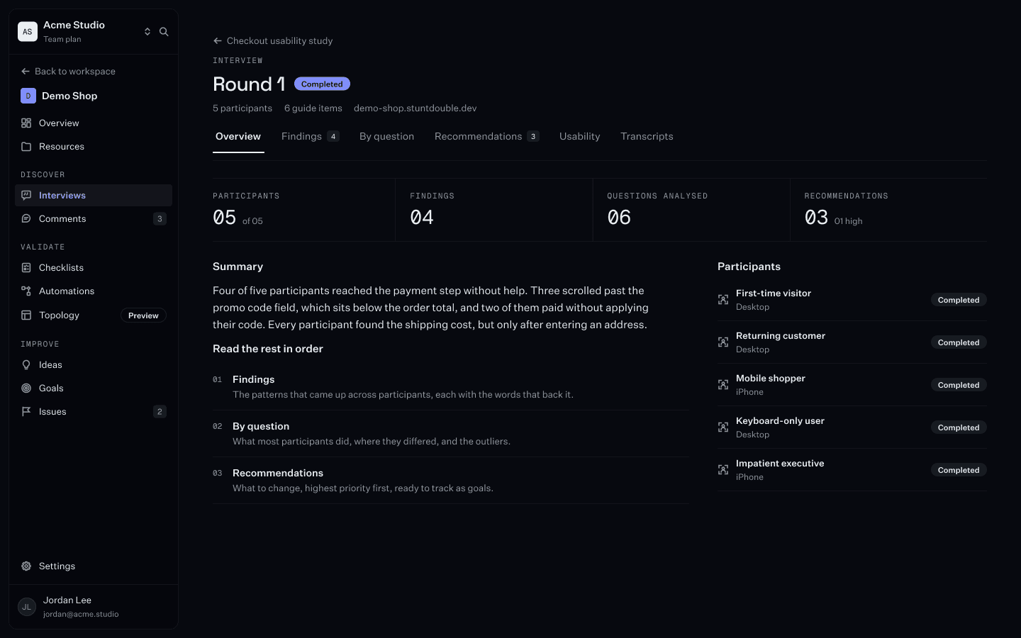 An interview round report on its Overview tab: counts of participants, findings, questions analysed and recommendations, a summary, and the participant list.