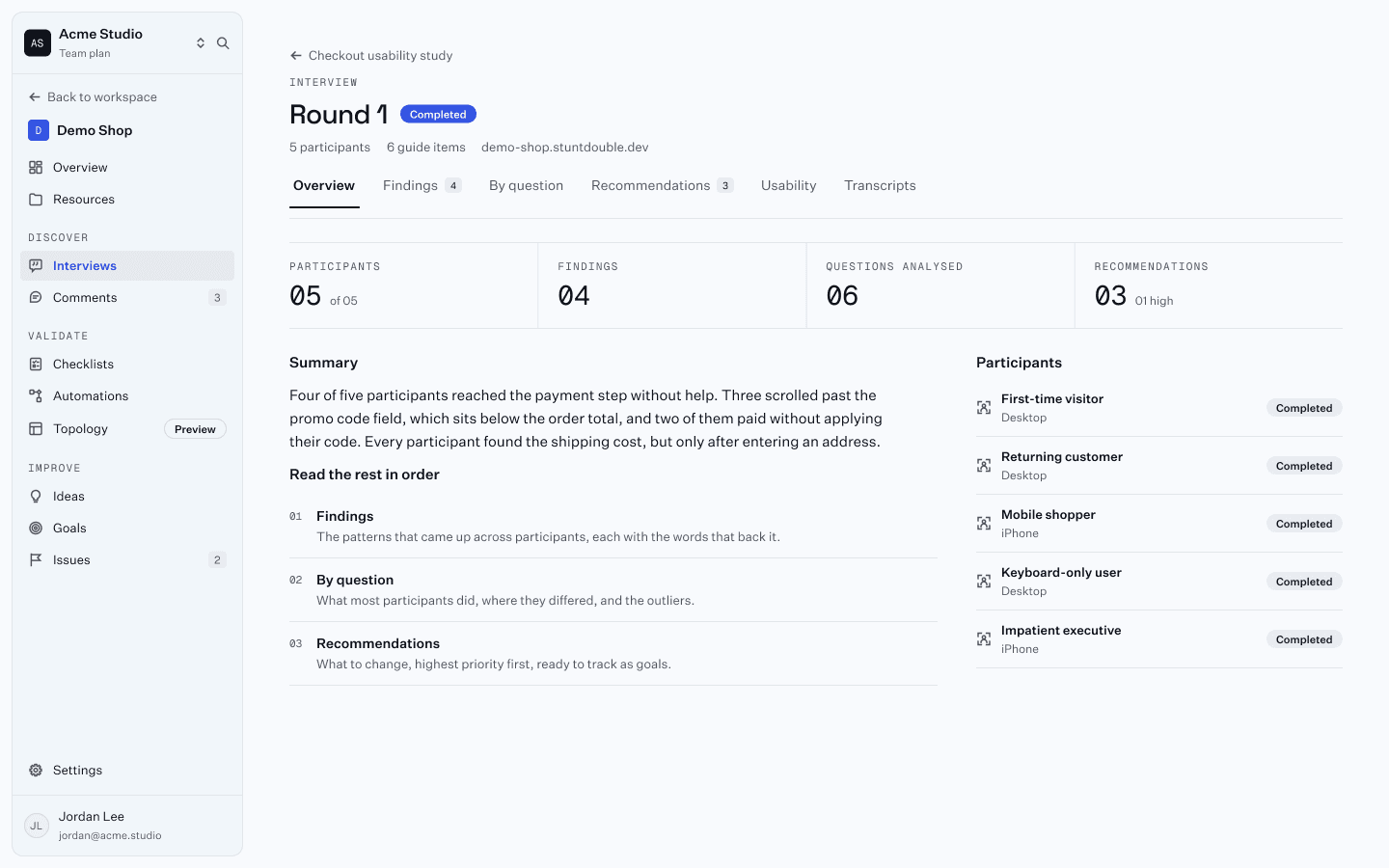 An interview round report on its Overview tab: counts of participants, findings, questions analysed and recommendations, a summary, and the participant list.