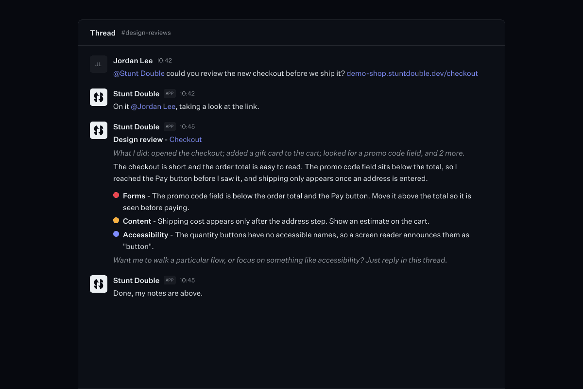 A Slack thread where Stunt Double replies to a request for review with what it did, a summary and three findings ranked by severity.