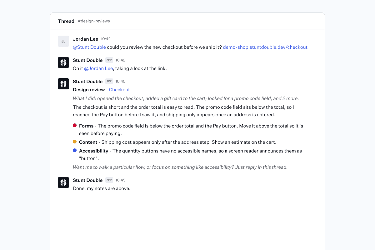 A Slack thread where Stunt Double replies to a request for review with what it did, a summary and three findings ranked by severity.